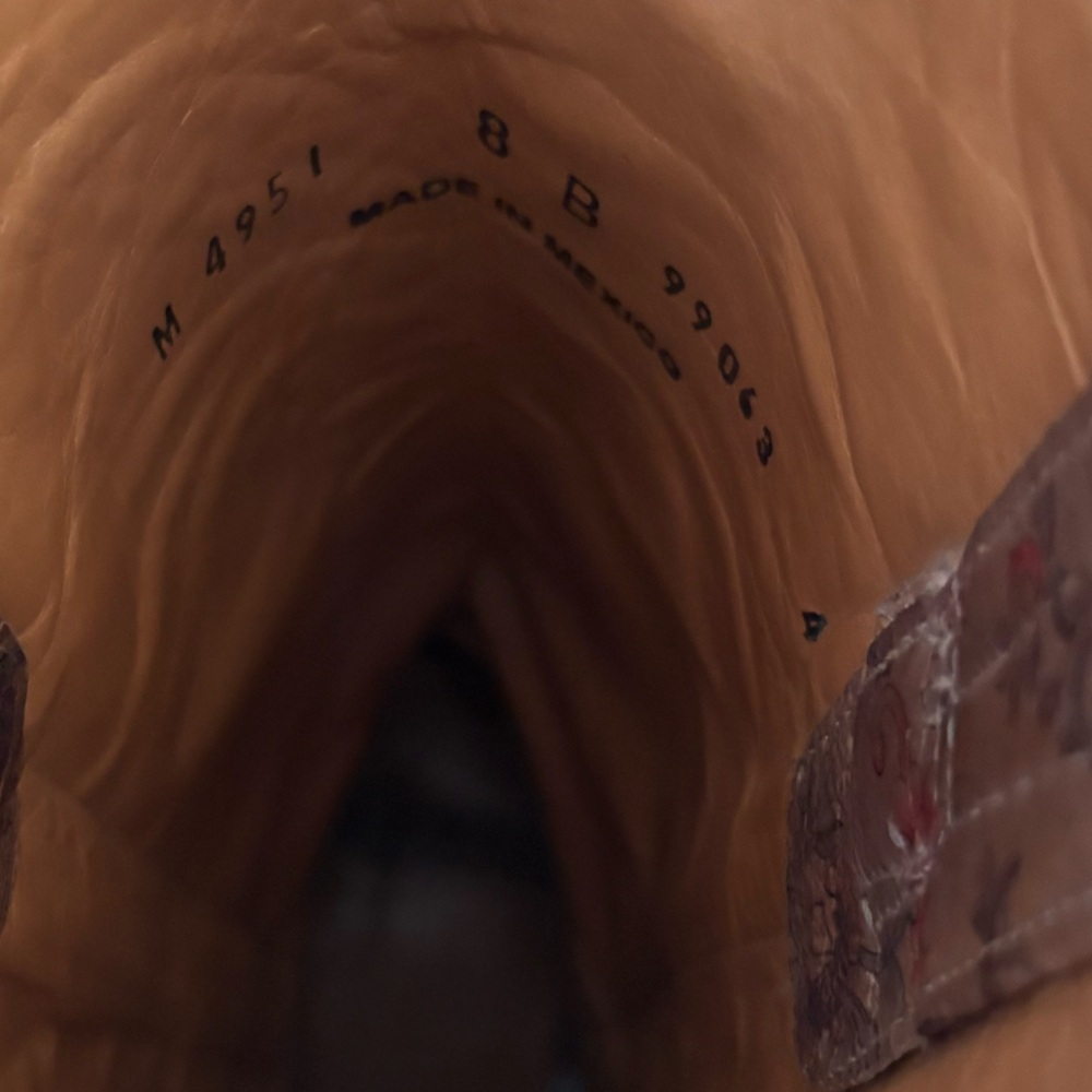 Lucchese Brown Leather Floral Embossed Heeled Cowboy Boots - Picture 5 of 7